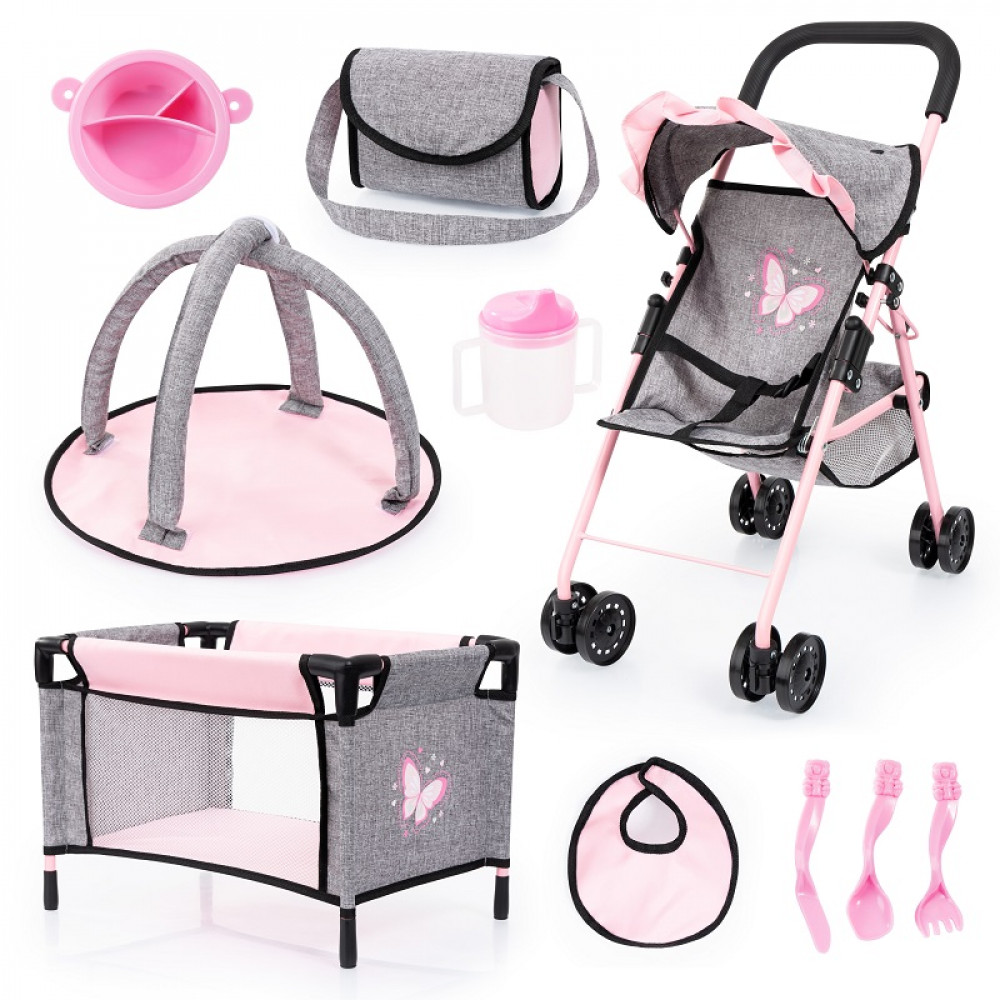 DOLLS BUGGY SET GREY & PINK BAYER