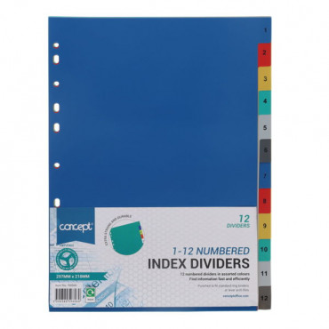 A4 1 to 12 Numbered Subject Dividers