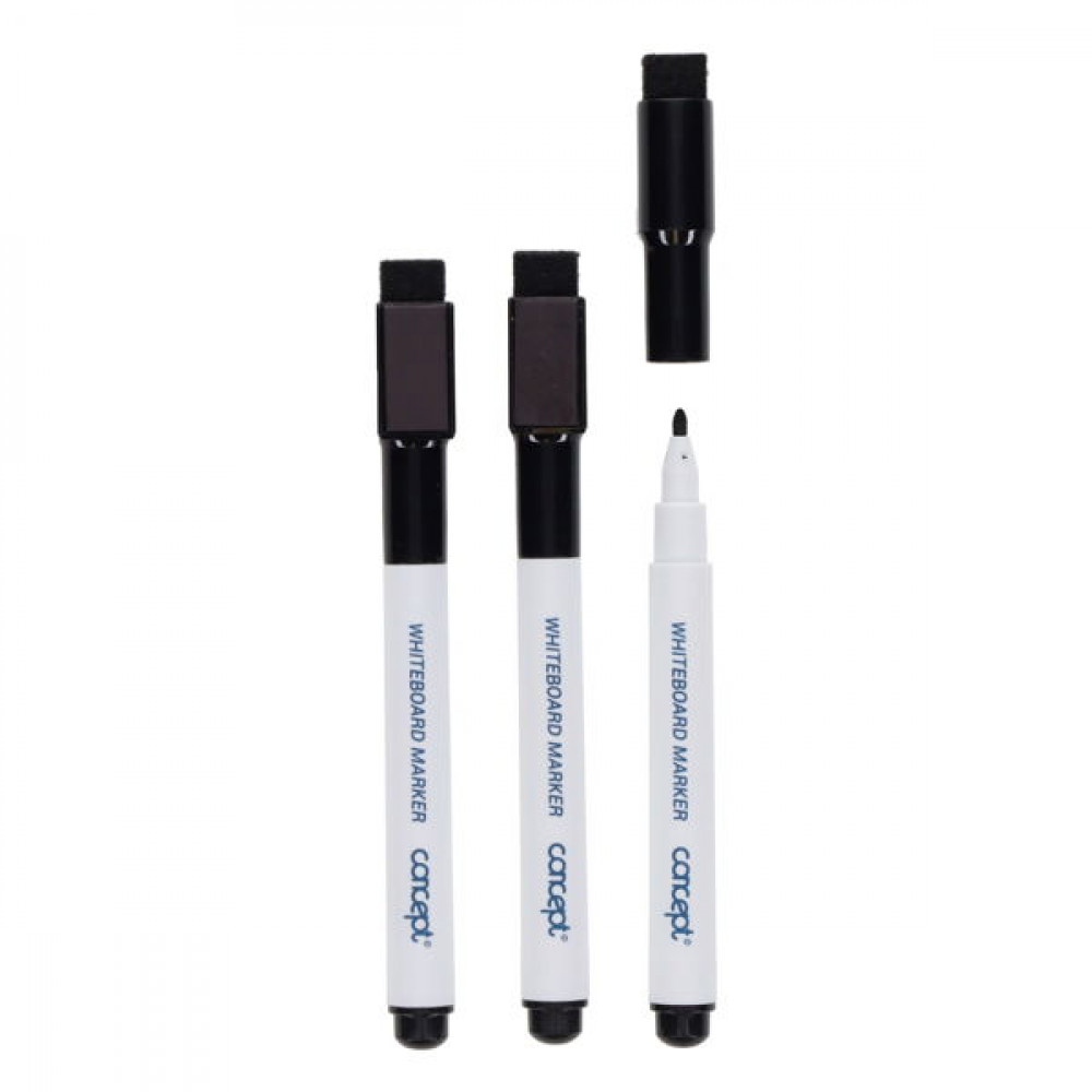 Drywipe Markers With Eraser Lid Black 3Pk