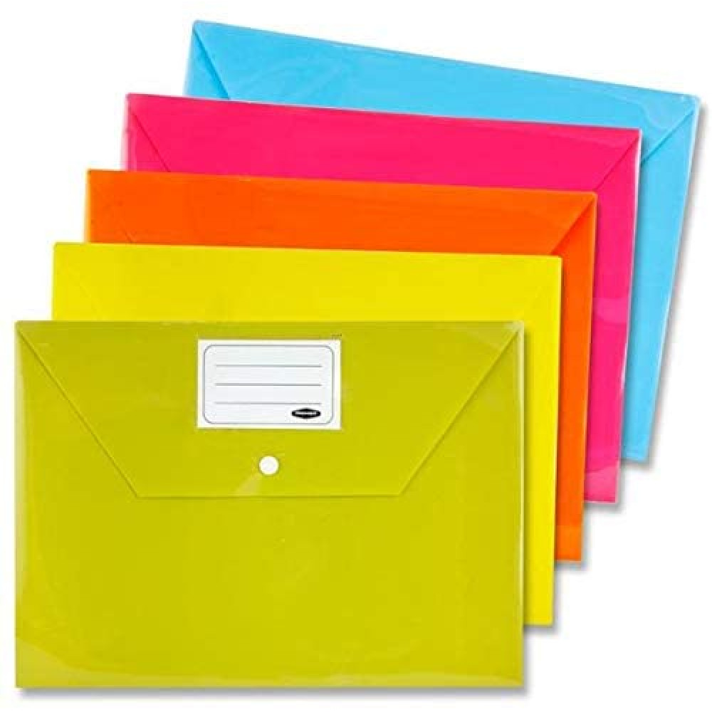 A4 Button Document Wallets 5Pk Bright
