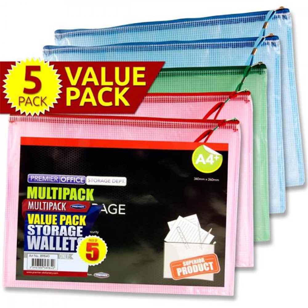 A4 Mesh Storage Wallet Pk 5 Assorted Colours
