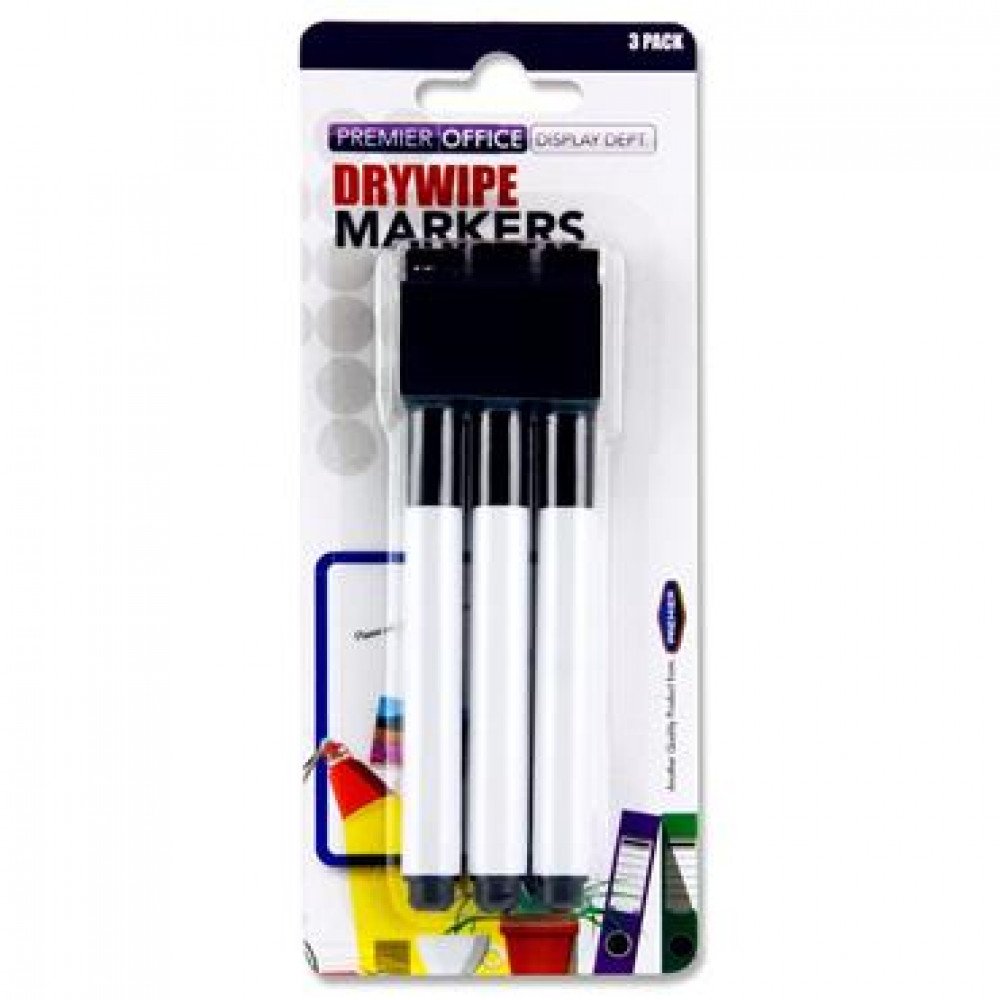 Drywipe Markers With Eraser Lid Black 3Pk
