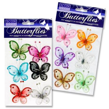 Pkt 6 Glitter Butterfly 2 Asst